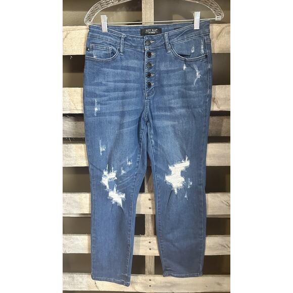 Judy Blue Denim - Judy Blue 7/28 Boyfriend For Button Fly Jeans Distressed Dark Wash